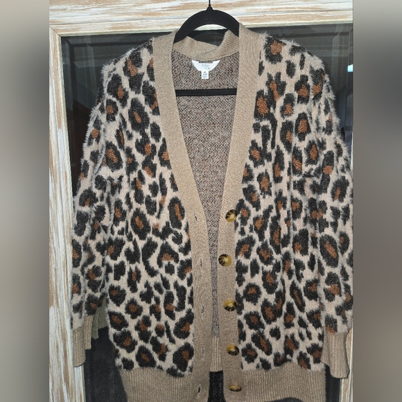 Time and Tru Sweaters - Time and Tru Oversized Animal Print Cardigan - Tan and Black